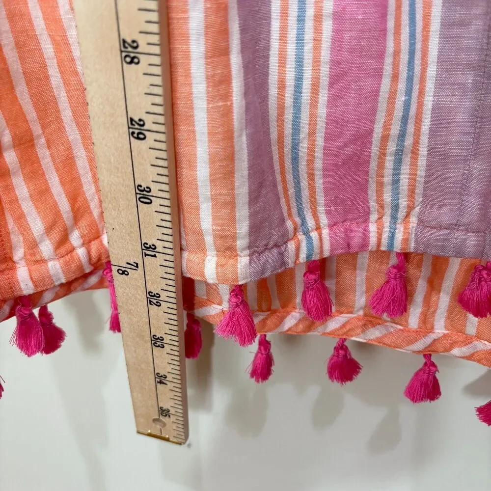 J Crew Orange Striped Linen Tunic Pink Tassels Women XXS Swim Cover Beach Preppy